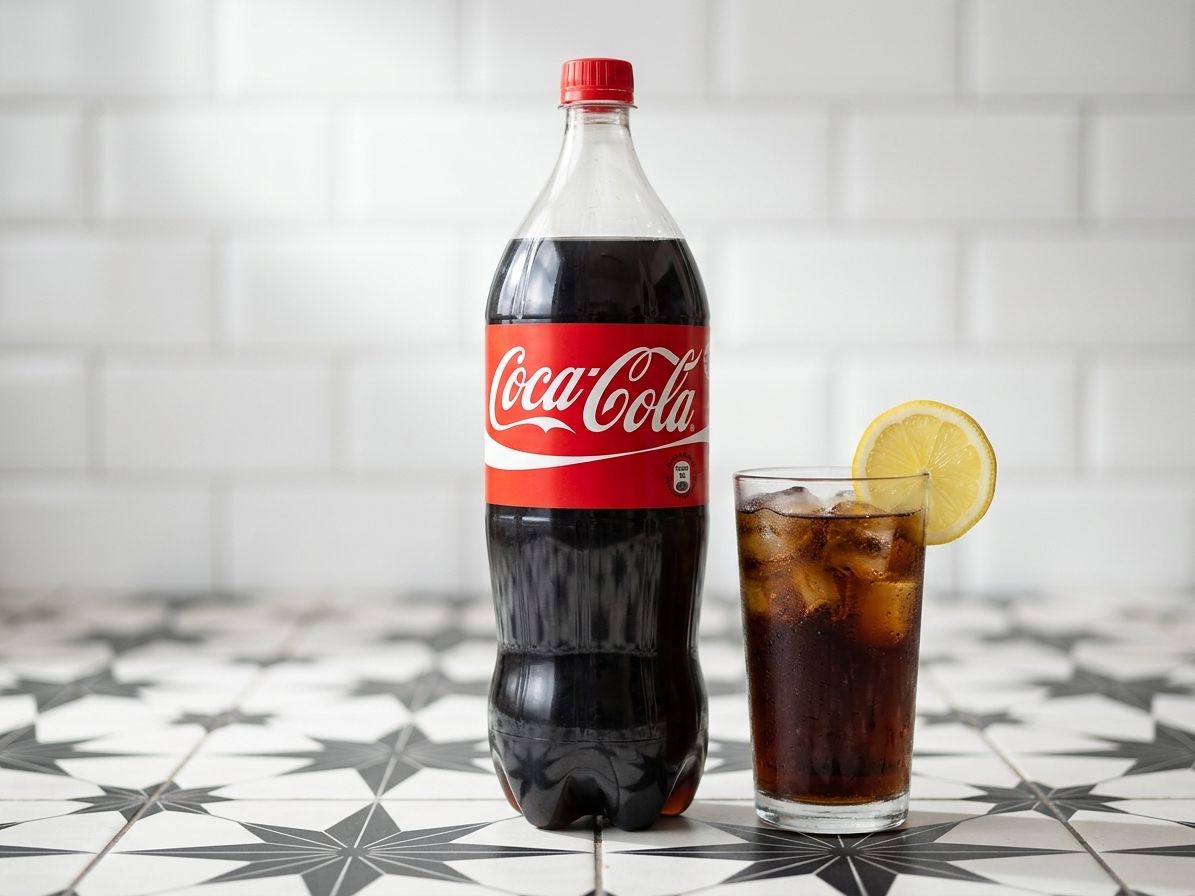 Garrafa de Coca-Cola de 1,5 litro sobre piso de ladrilho preto e branco, com um copo com gelo.