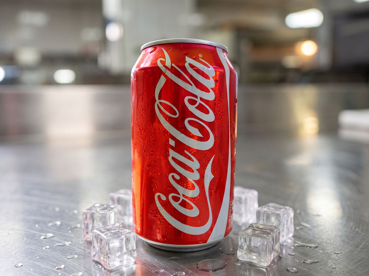 Lata de refrigerante gelada sobre bancada de inox, com cubos de gelo ao redor.