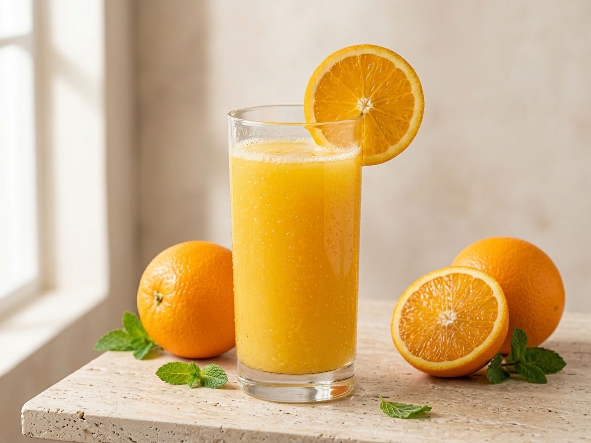 Copo alto de suco de laranja com uma rodela na borda, sobre mármore travertino, com laranjas e hortelã.