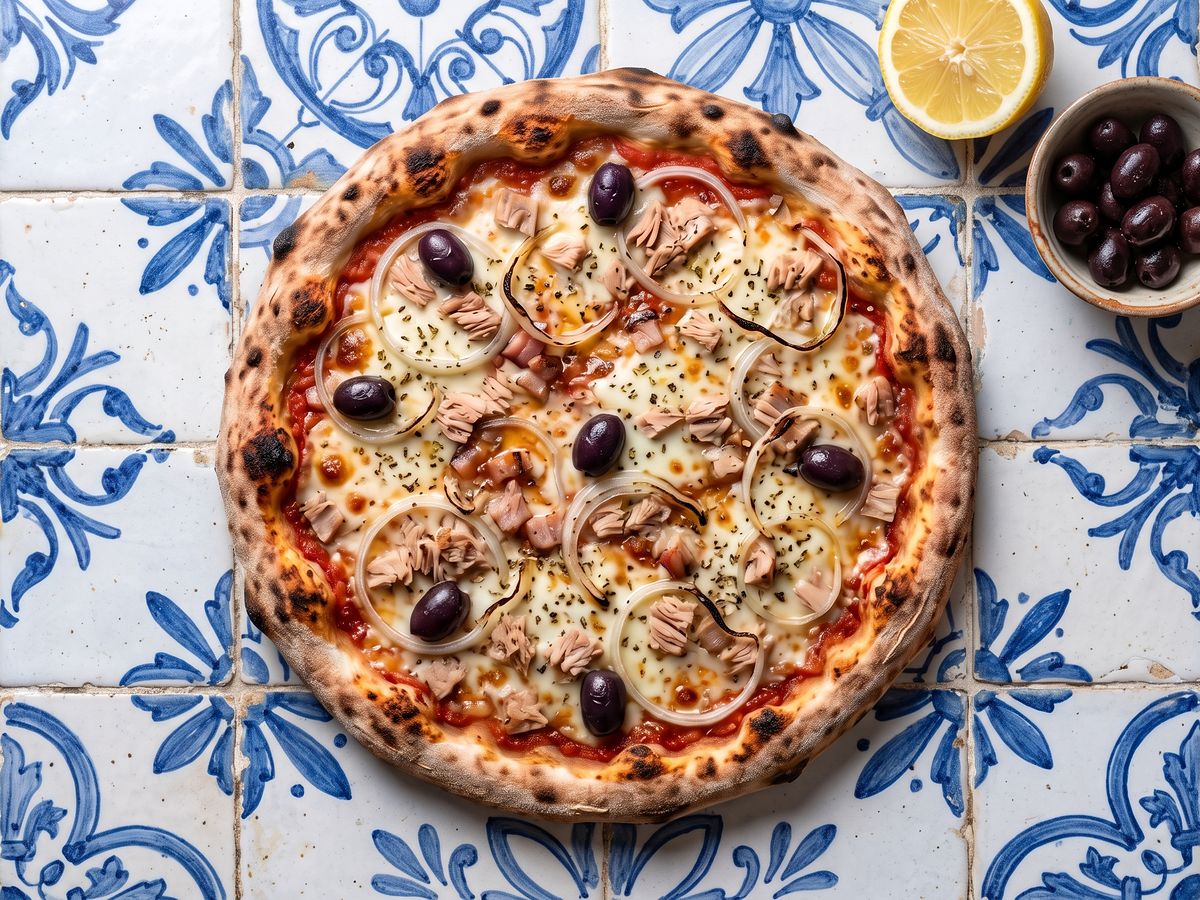Pizza Atum: mussarela, atum sólido, cebola, azeitona, orégano.