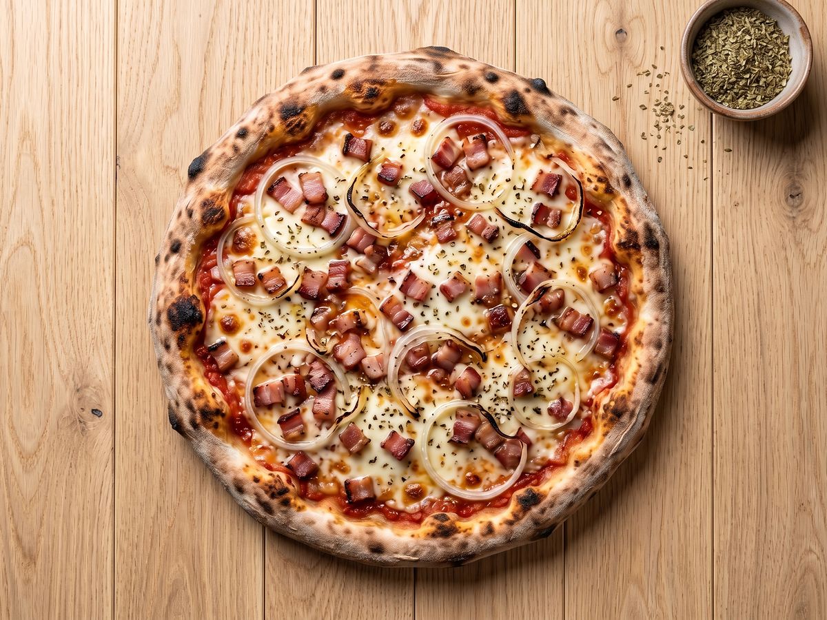 Pizza Bacon: mussarela, bacon em cubos, cebola, orégano.