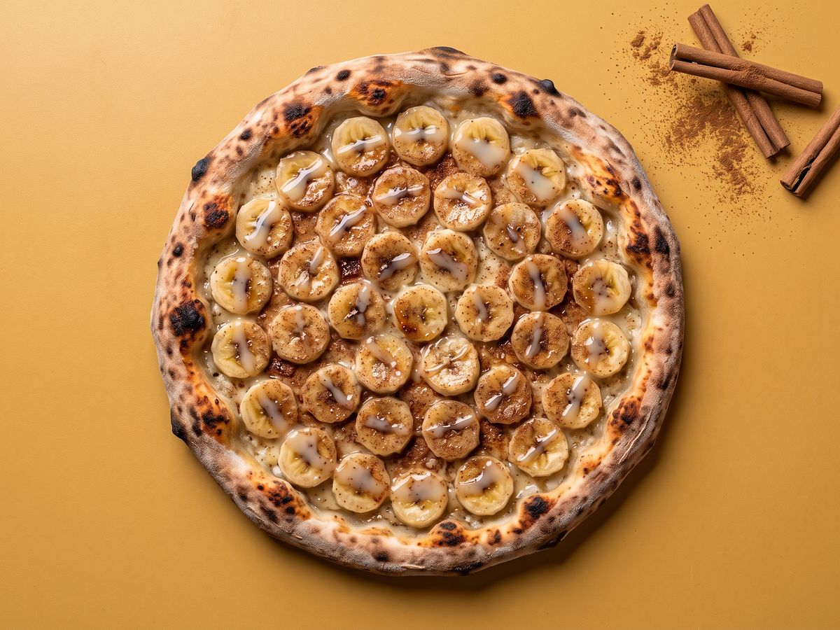 Pizza Banana com Canela: banana, açúcar refinado, canela em pó, leite condensado.