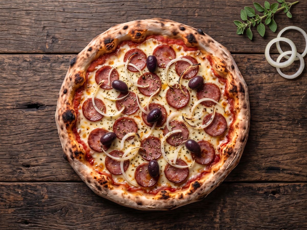 Pizza de calabresa vista de cima sobre mesa de madeira escura, com rodelas de calabresa, anéis de cebola e azeitonas pretas.
