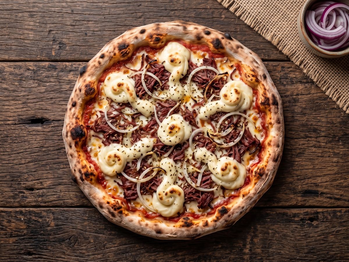 Pizza Carne Seca: mussarela, carne seca desfiada, cebola, catupiry, orégano.