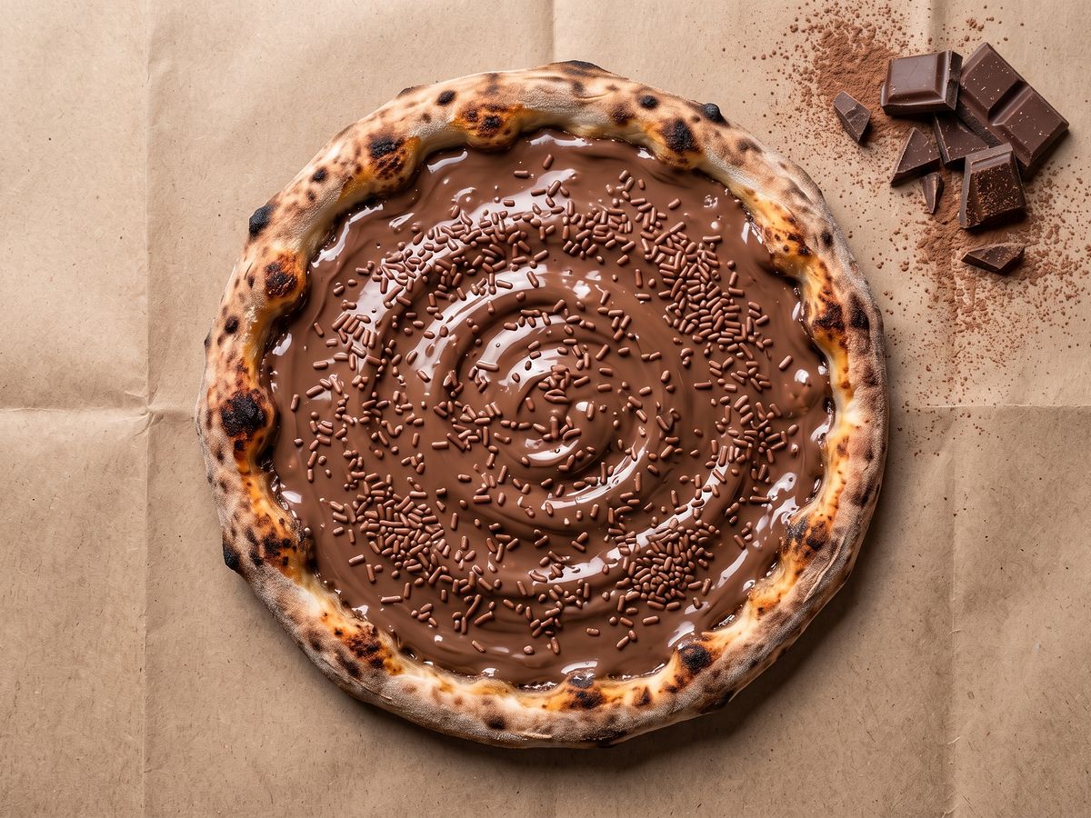 Pizza Chocolate: chocolate ao leite, granulado de chocolate.