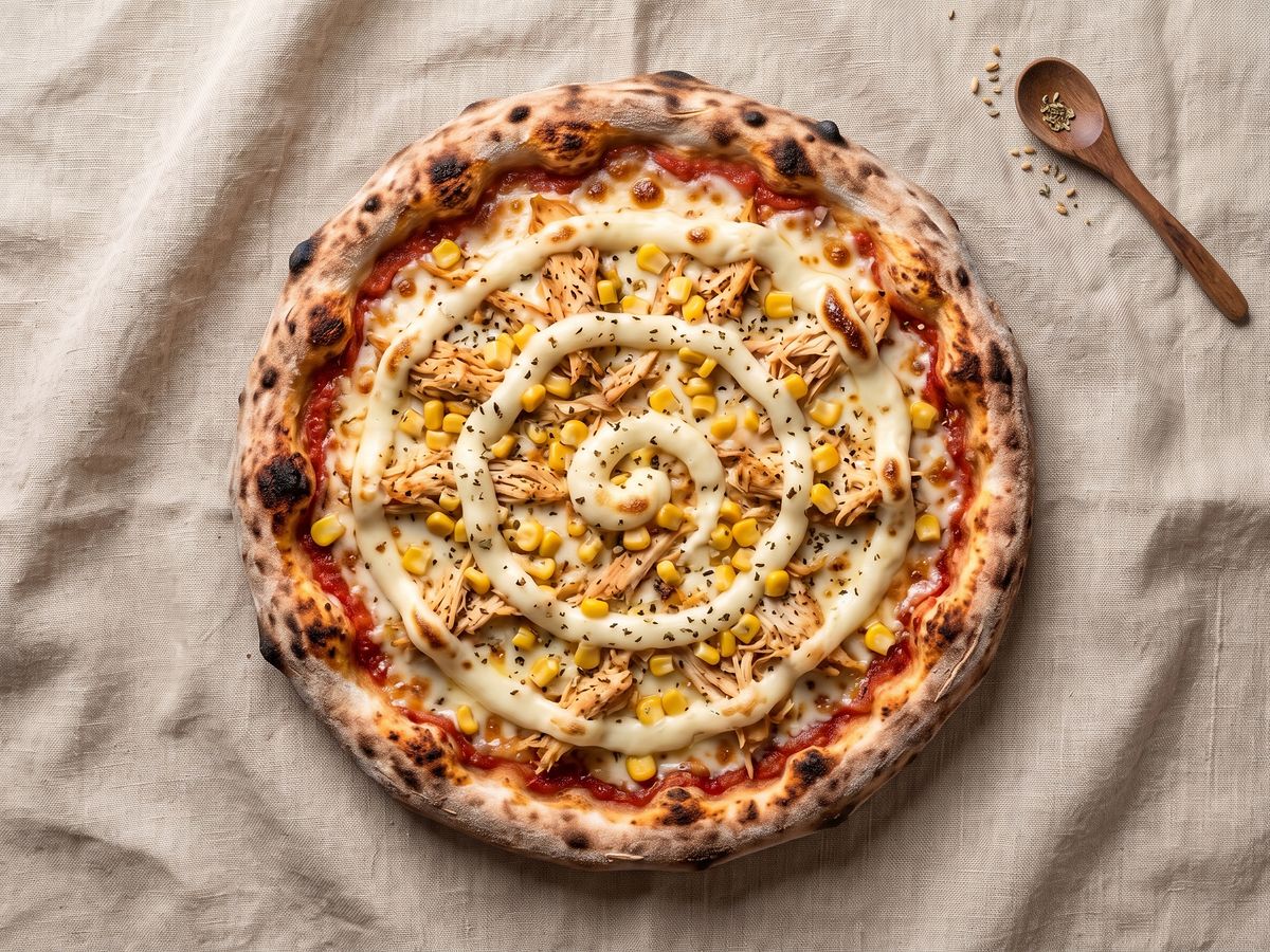 Pizza Frango com Catupiry: mussarela, peito de frango, catupiry, milho verde, orégano.
