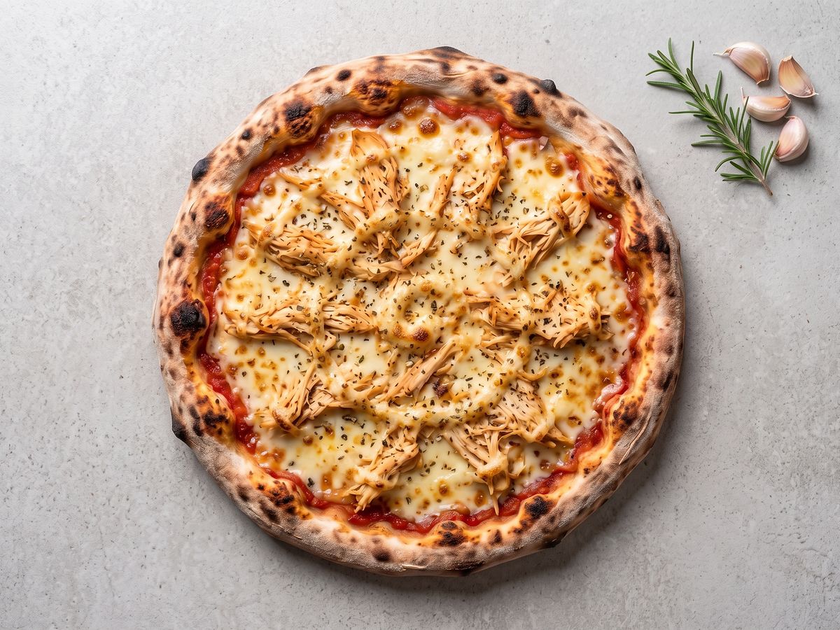 Pizza Frango com Mussarela: mussarela, peito de frango, orégano.