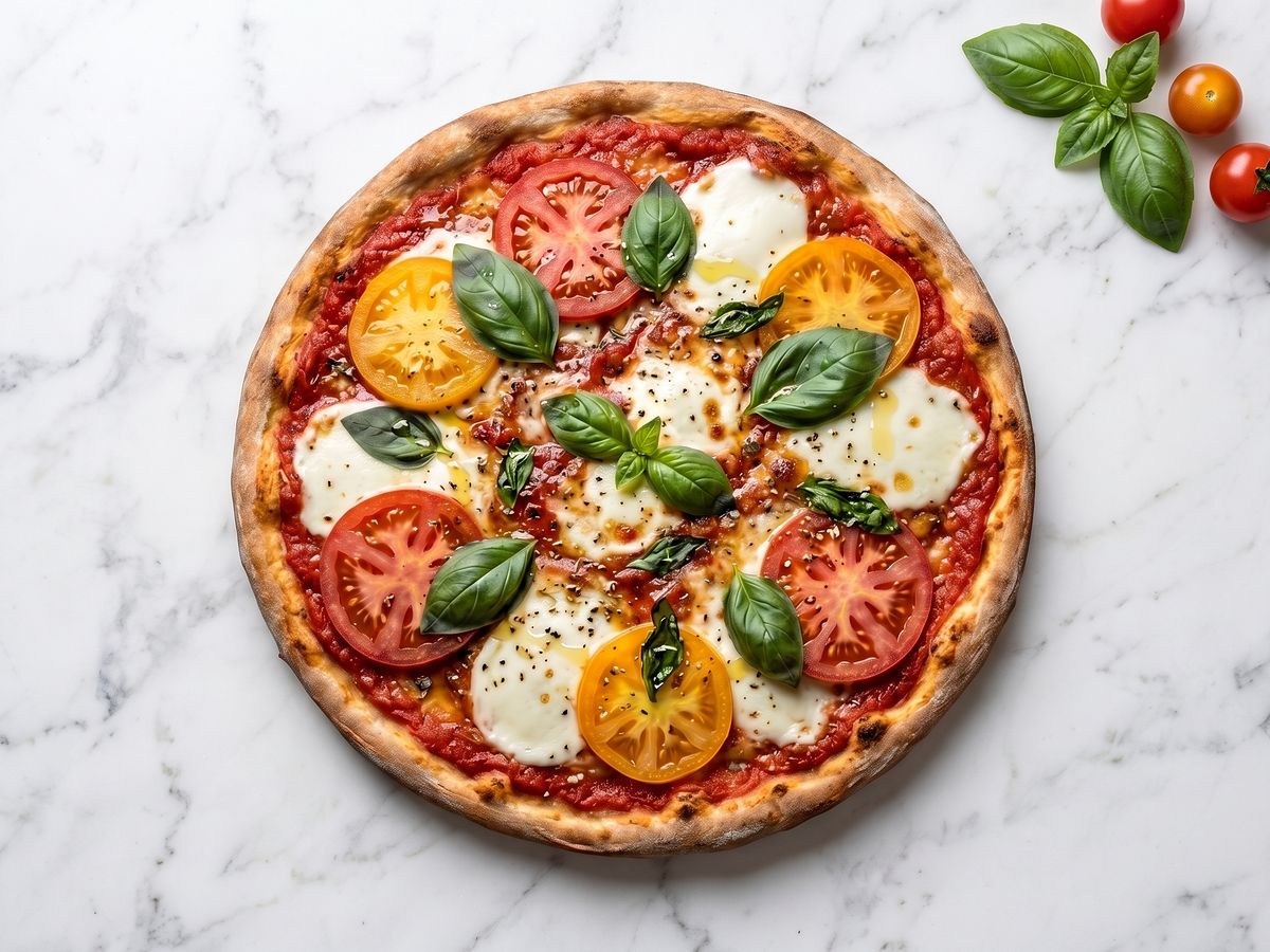 Pizza Marguerita com mussarela, rodelas de tomate vermelho e amarelo e folhas de manjericão.