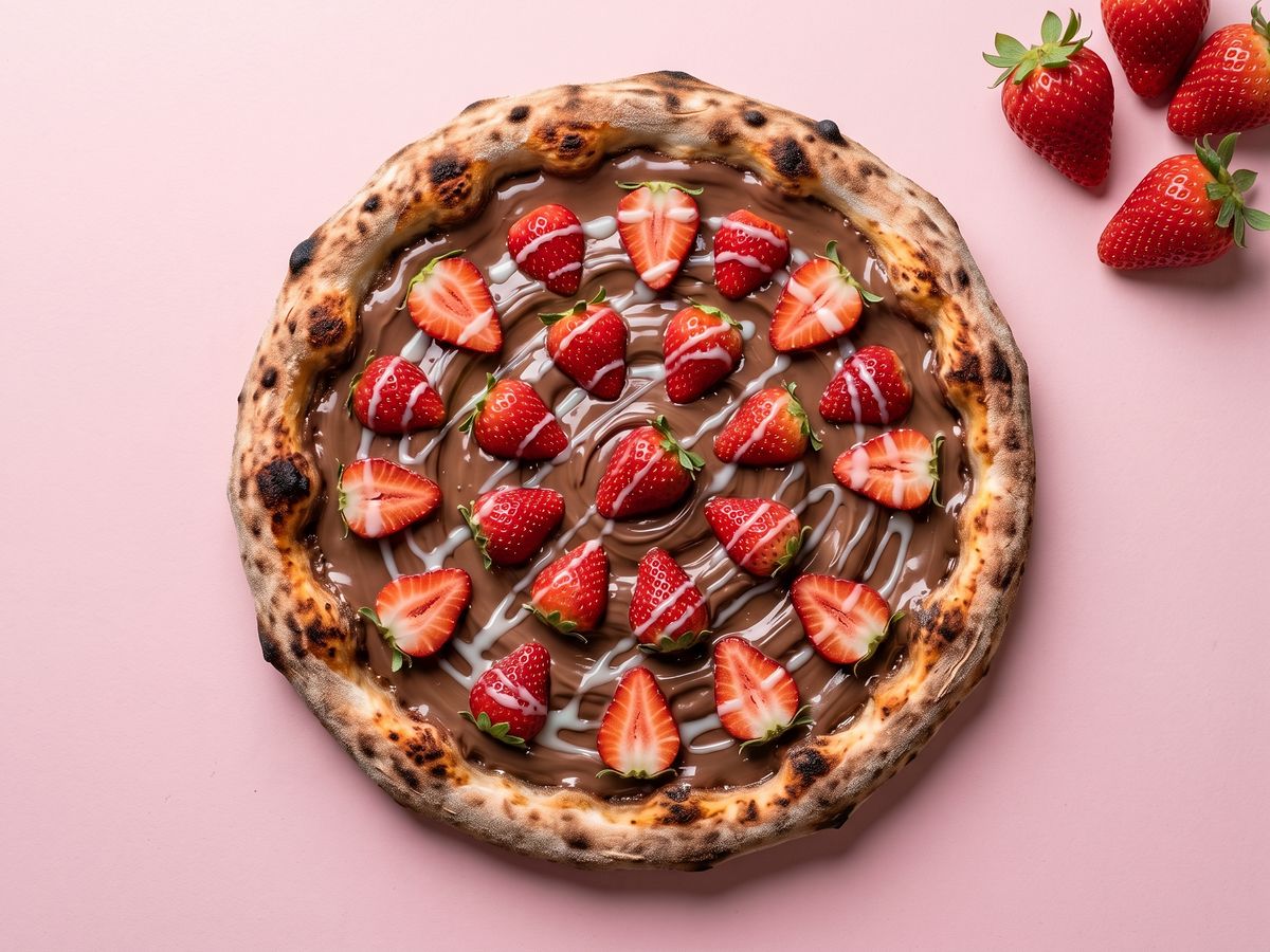 Pizza Morango com Chocolate: morango, chocolate ao leite, leite condensado.