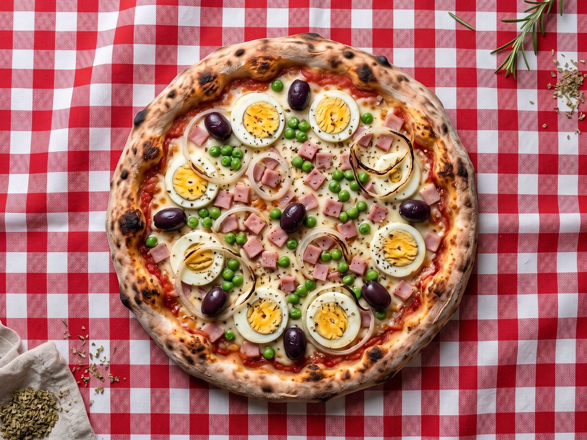 Pizza Portuguesa: mussarela, presunto, ovo, cebola, ervilha, azeitona, orégano.