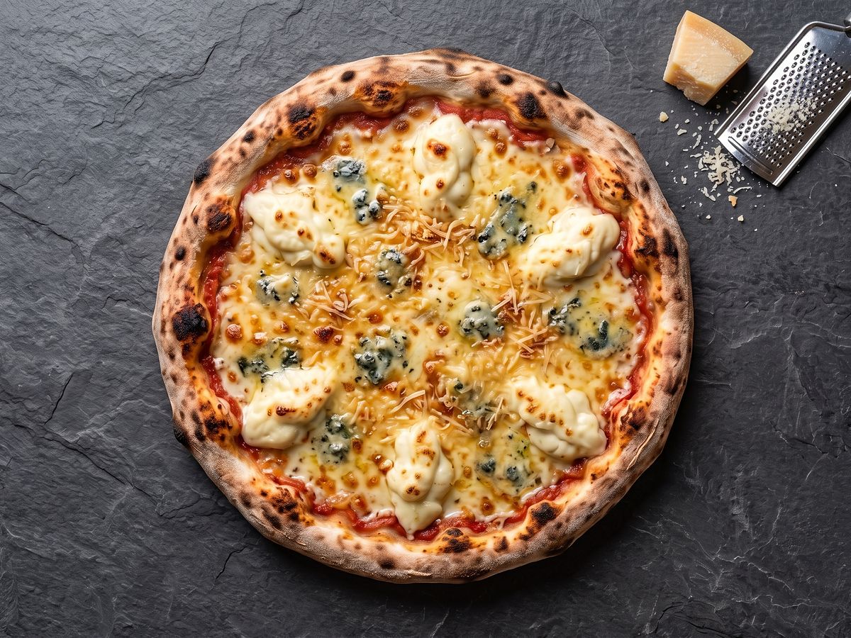 Pizza Quatro Queijos: mussarela, provolone, gorgonzola, parmesão, catupiry.