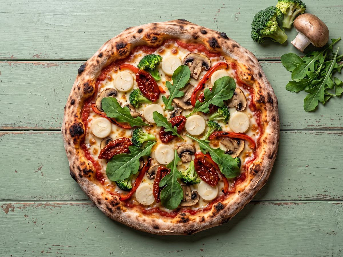 Pizza Vegetariana: mussarela, brócolis, champignon, palmito, pimentão, tomate seco, rúcula.
